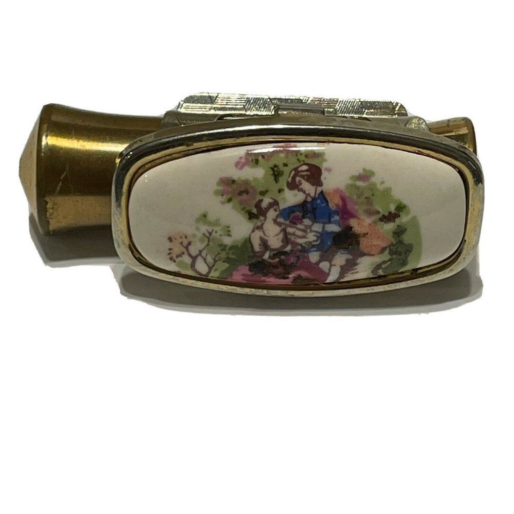 Vintage Porcelain Lipstick Mirror Compact Holder Japan Courting Couple Victorian